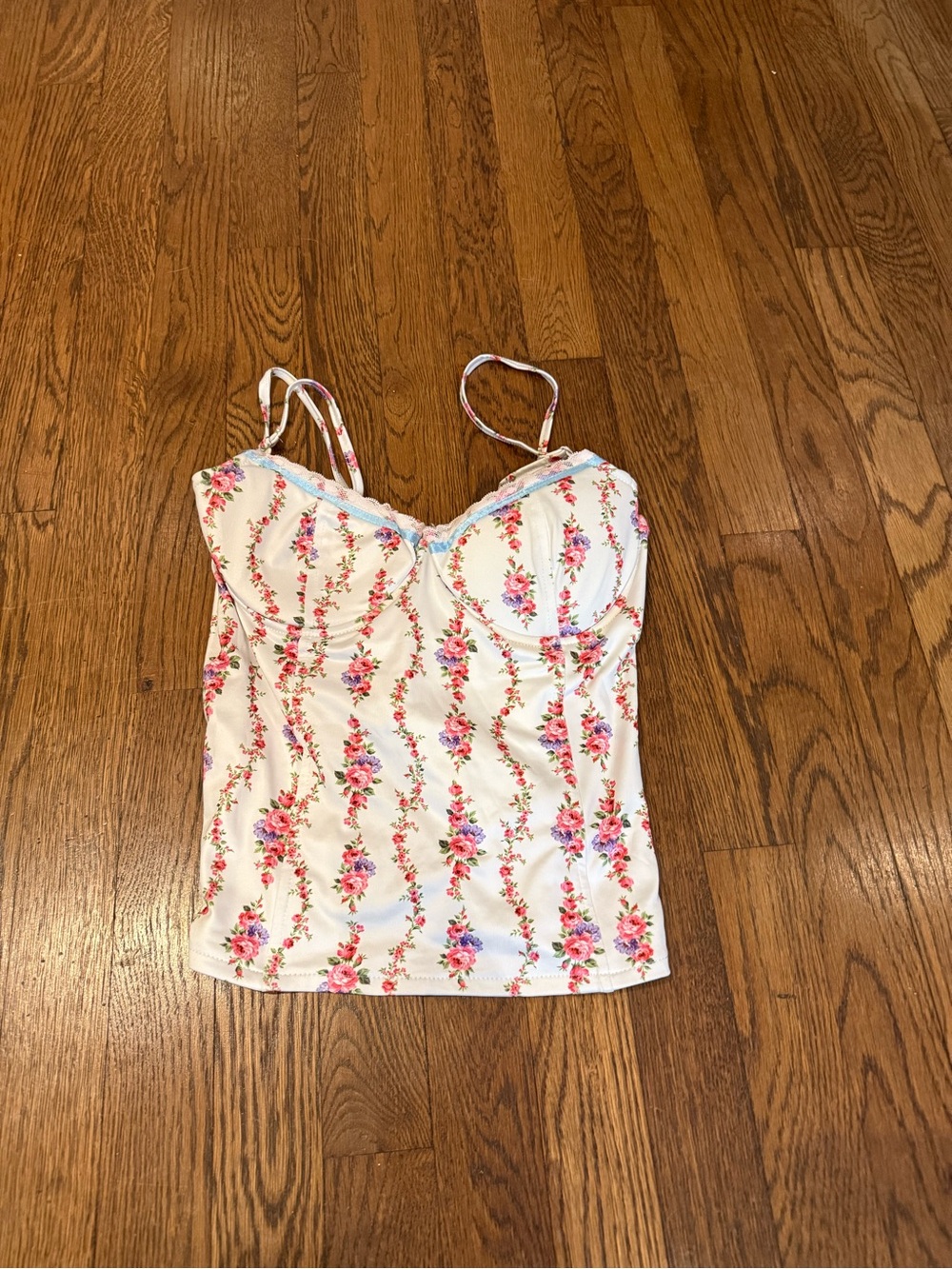 SHEIN White Floral Striped Cami with Pink Roses